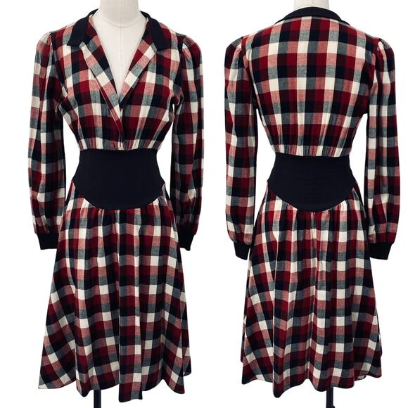 Vintage 80s Gingham Plaid Midi Dress Fit & Flare Shirtdress Collared Red Black 0 - Picture 2 of 11